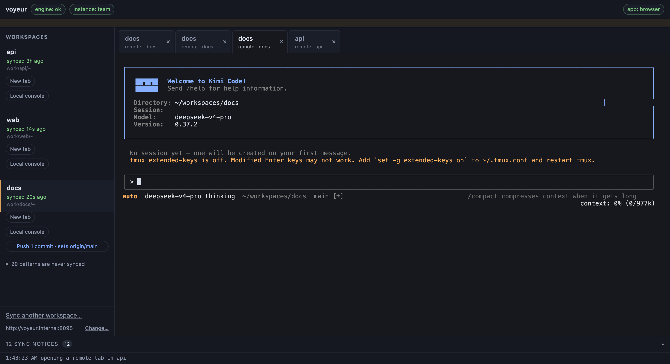 The Voyeur app: a sidebar listing three workspaces with sync ages, and two remote tabs open on a workspace where a coding agent is running inside the server container.