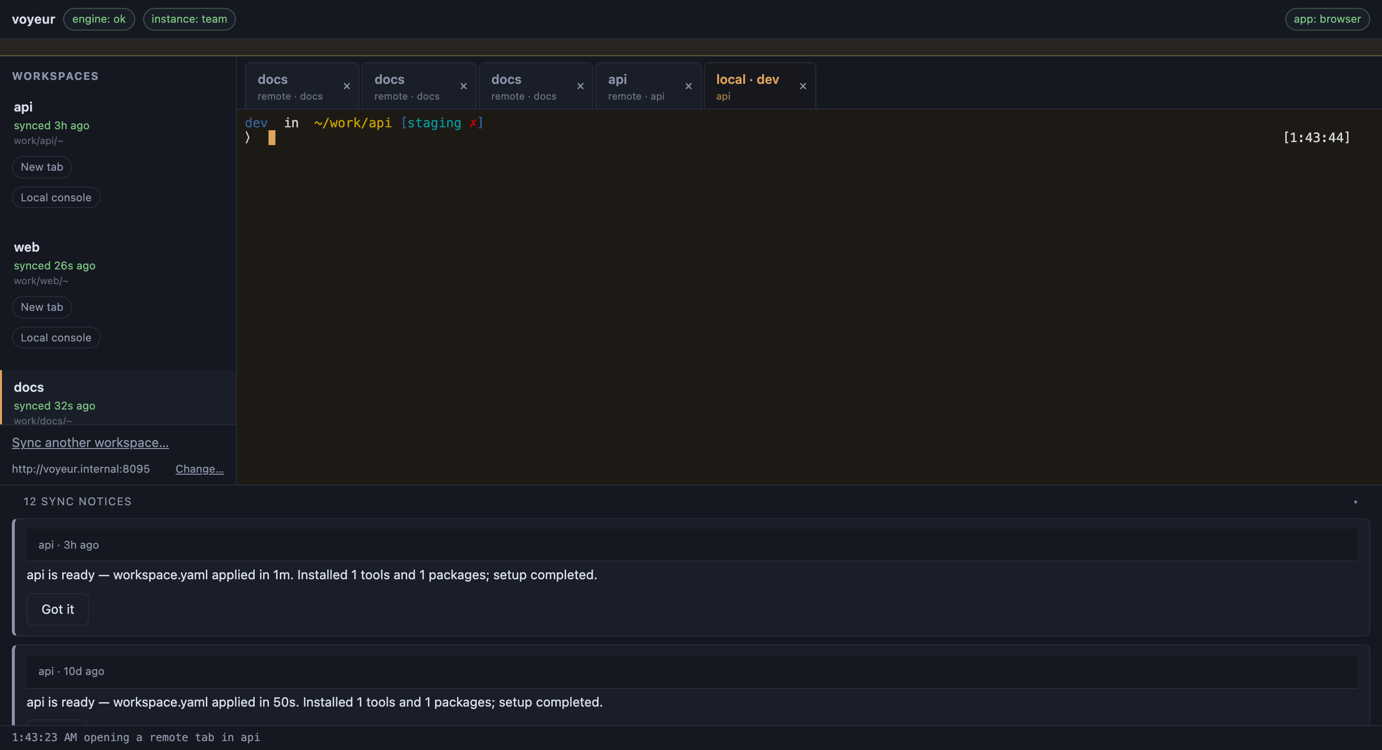 The Voyeur app with the sync notices tray expanded, showing messages about a workspace environment finishing its setup.